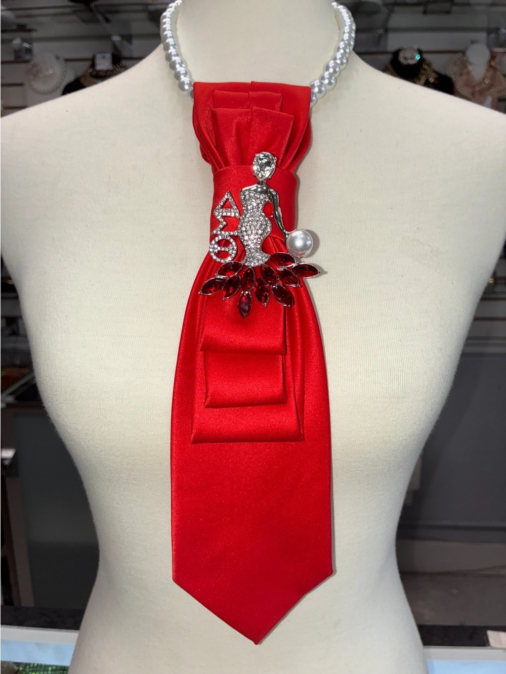 Red Satin Statement Necklace Tie with Rhinestone Delta Brooch